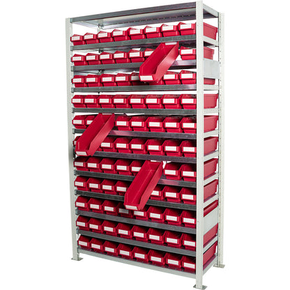 Boltless shelving unit with shelf bins, shelf unit height 1790 mm, basic shelf unit, depth 400 mm, 88 red bins.