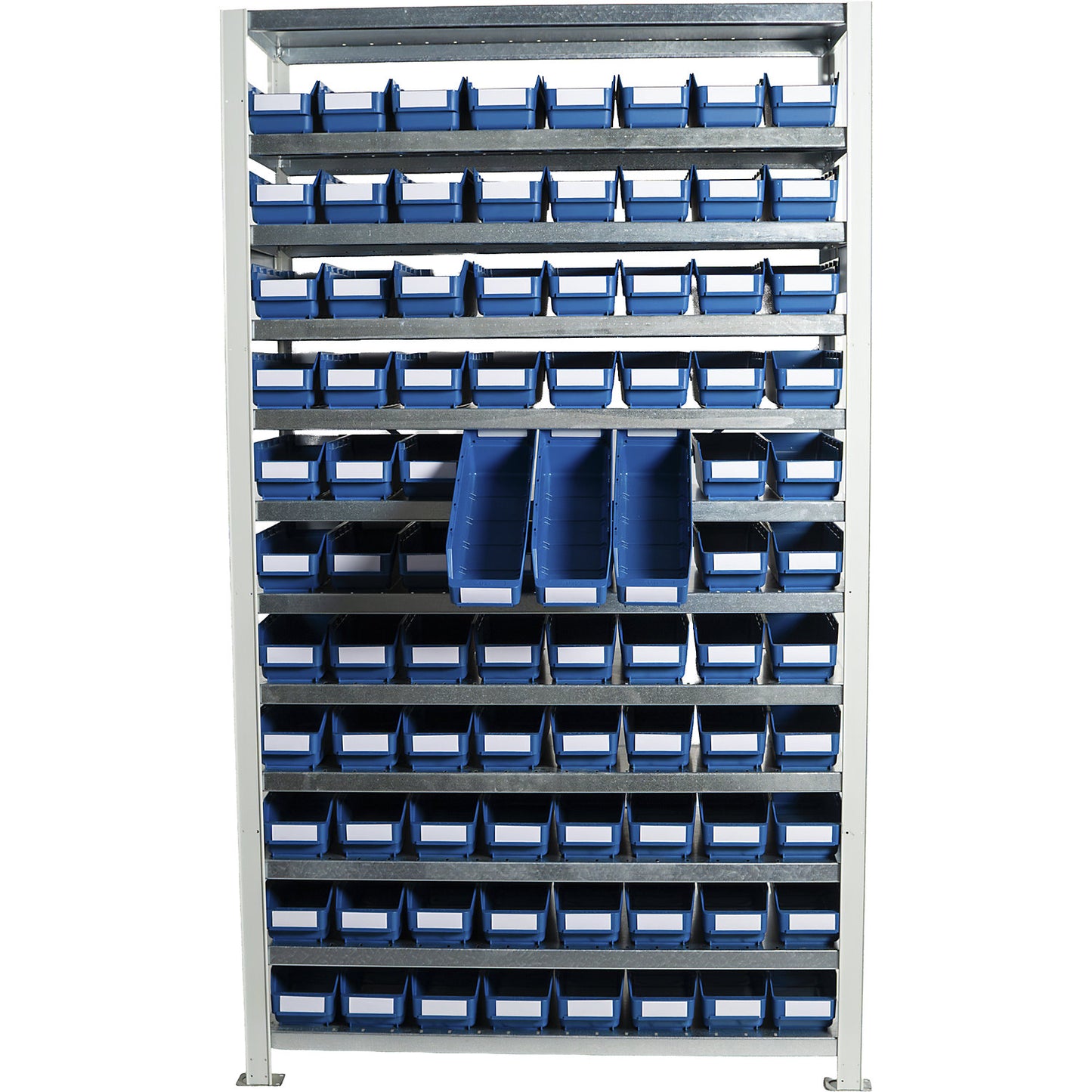 Boltless shelving unit with shelf bins, shelf unit height 1790 mm, basic shelf unit, depth 400 mm, 88 blue bins.