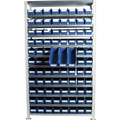 Boltless shelving unit with shelf bins, shelf unit height 1790 mm, basic shelf unit, depth 400 mm, 88 blue bins.