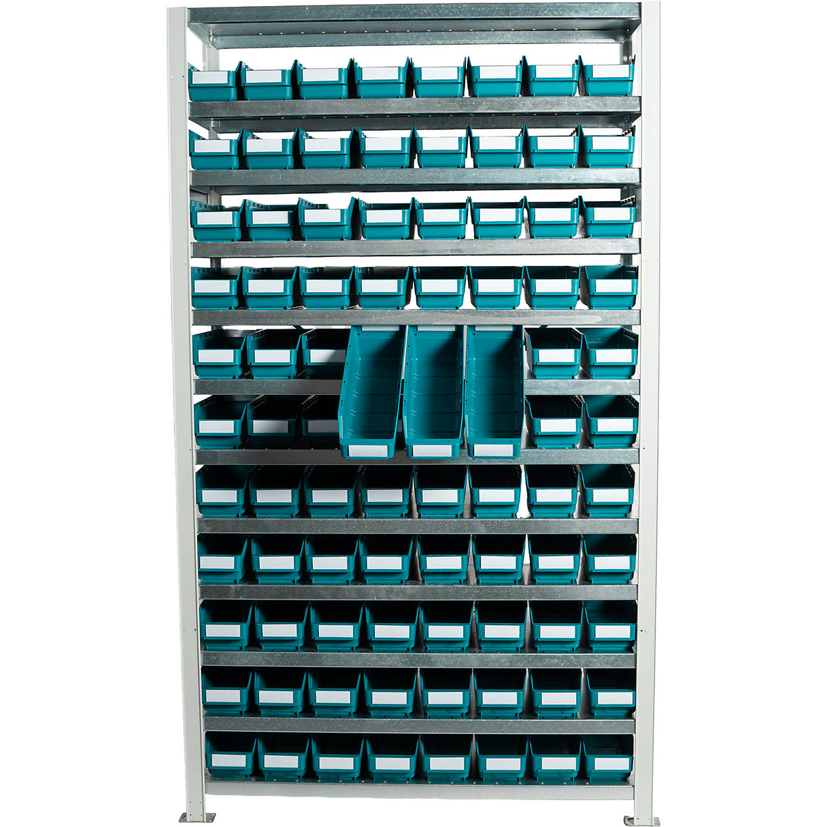 Boltless shelving unit with shelf bins, shelf unit height 1790 mm, basic shelf unit, depth 400 mm, 88 green bins.
