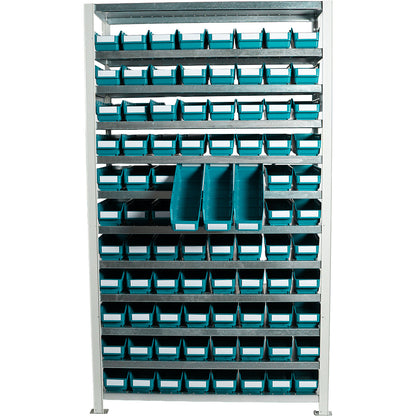 Boltless shelving unit with shelf bins, shelf unit height 1790 mm, basic shelf unit, depth 400 mm, 88 green bins.