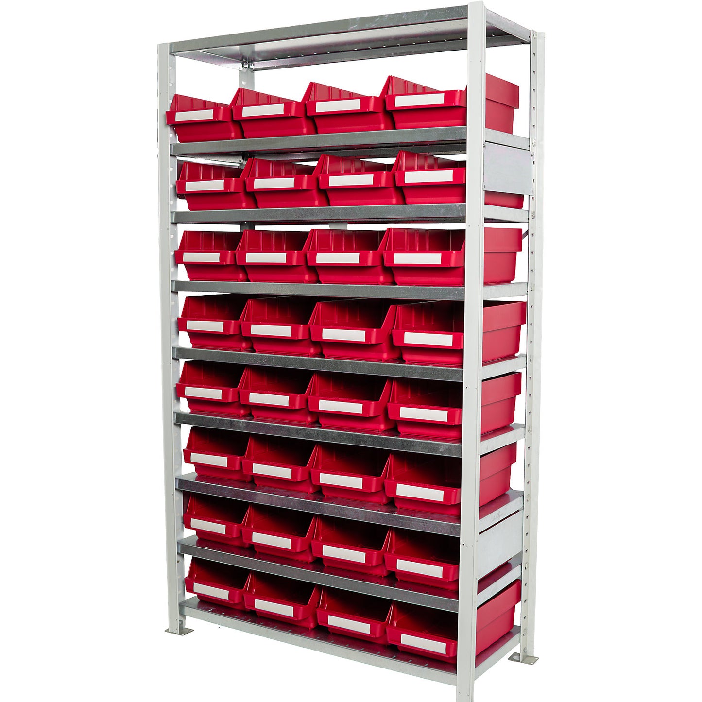 Boltless shelving unit with shelf bins, shelf unit height 1790 mm, basic shelf unit, depth 400 mm, 32 red bins.