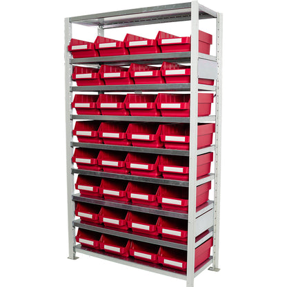 Boltless shelving unit with shelf bins, shelf unit height 1790 mm, basic shelf unit, depth 400 mm, 32 red bins.