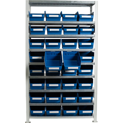 Boltless shelving unit with shelf bins, shelf unit height 1790 mm, basic shelf unit, depth 400 mm, 32 blue bins.