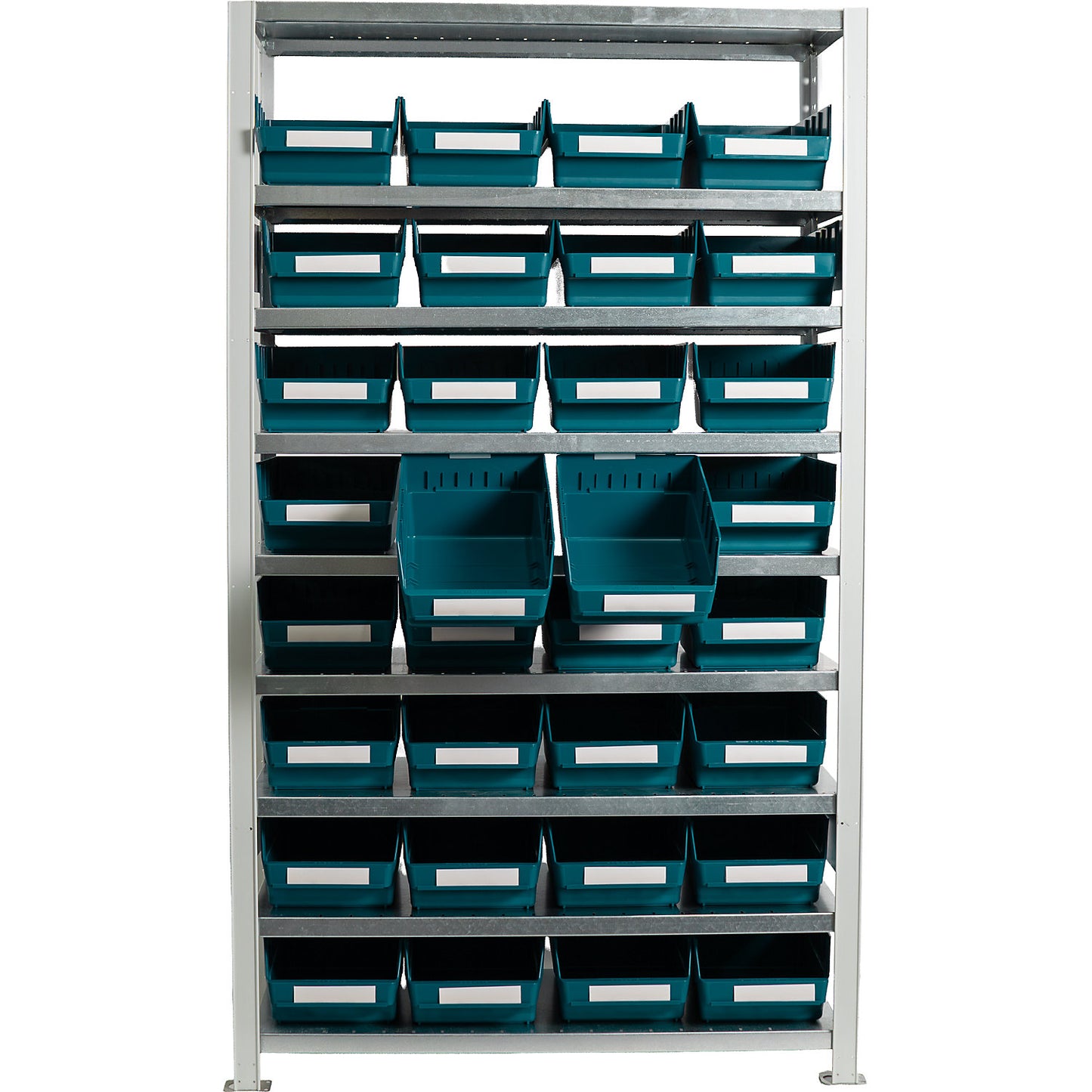Boltless shelving unit with shelf bins, shelf unit height 1790 mm, basic shelf unit, depth 400 mm, 32 green bins.
