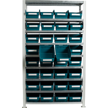 Boltless shelving unit with shelf bins, shelf unit height 1790 mm, basic shelf unit, depth 400 mm, 32 green bins.