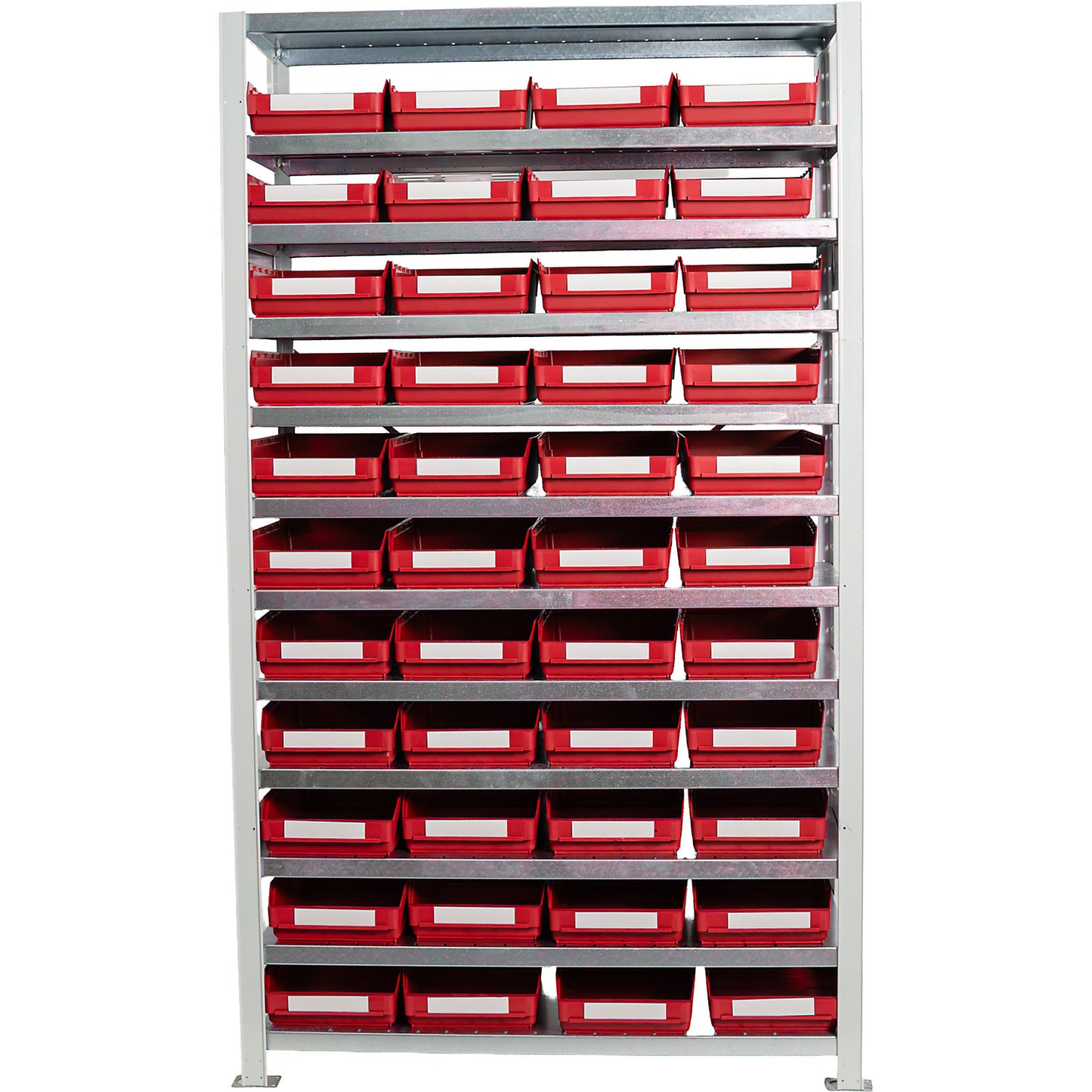 Boltless shelving unit with shelf bins, shelf unit height 1790 mm, basic shelf unit, depth 500 mm, 44 red bins.