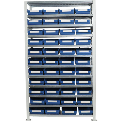 Boltless shelving unit with shelf bins, shelf unit height 1790 mm, basic shelf unit, depth 500 mm, 44 blue bins.