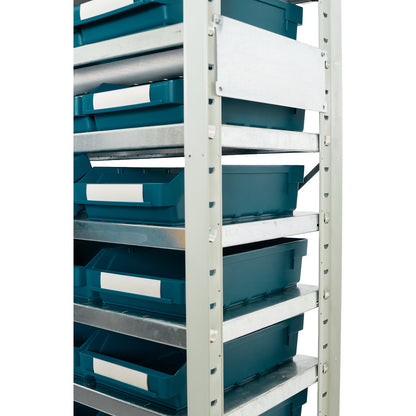 Boltless shelving unit with shelf bins, shelf unit height 1790 mm, basic shelf unit, depth 500 mm, 44 green bins.