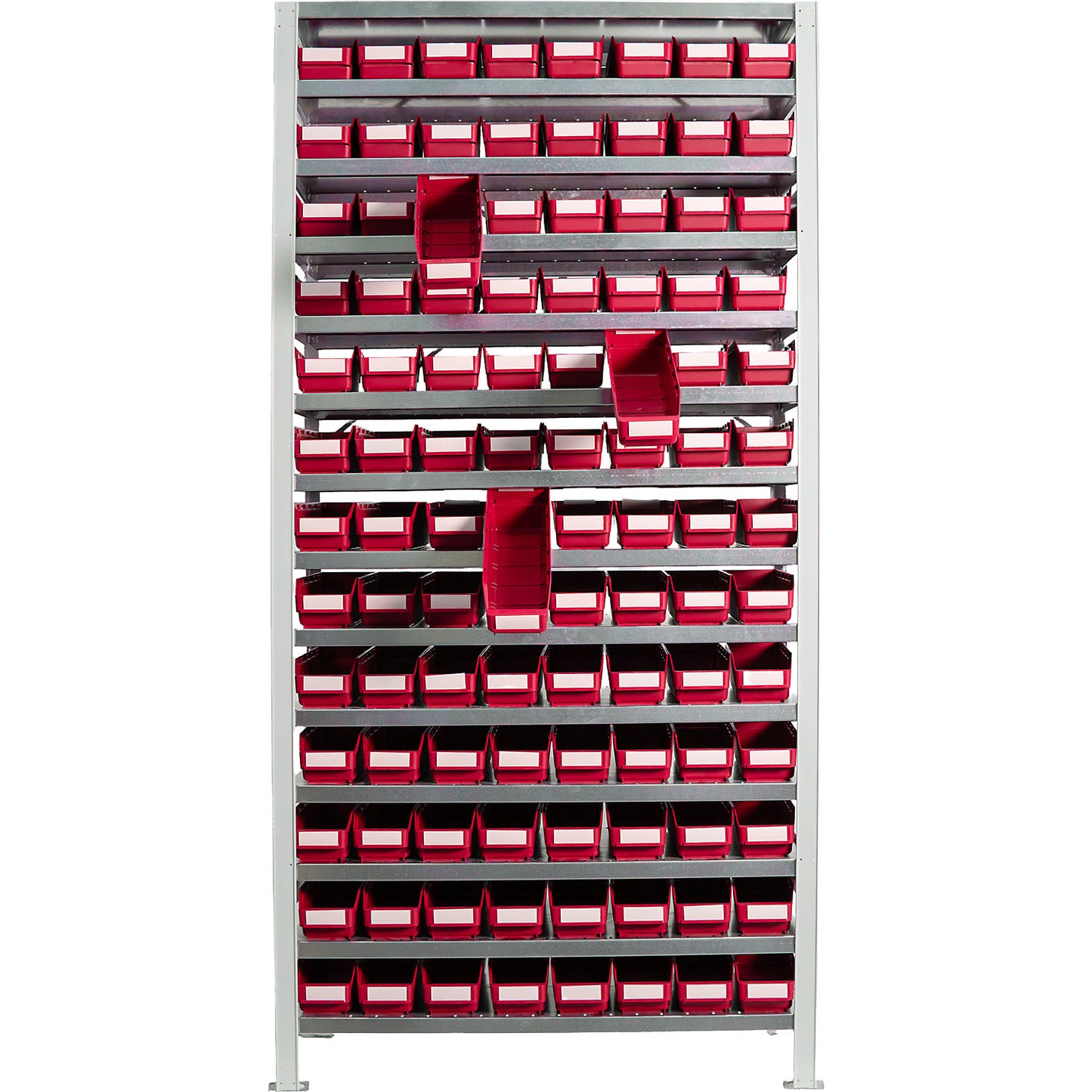 Boltless shelving unit with shelf bins, shelf height 2100 mm, basic shelf unit, depth 300 mm, 104 red bins.