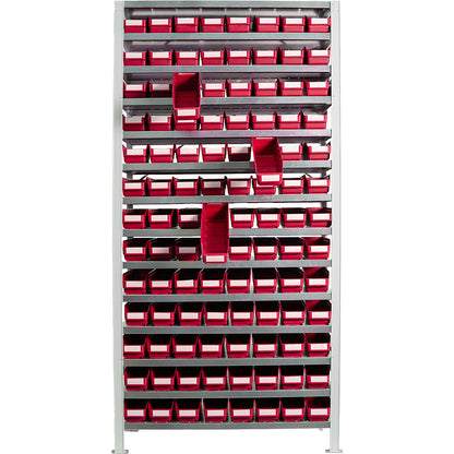 Boltless shelving unit with shelf bins, shelf height 2100 mm, basic shelf unit, depth 300 mm, 104 red bins.