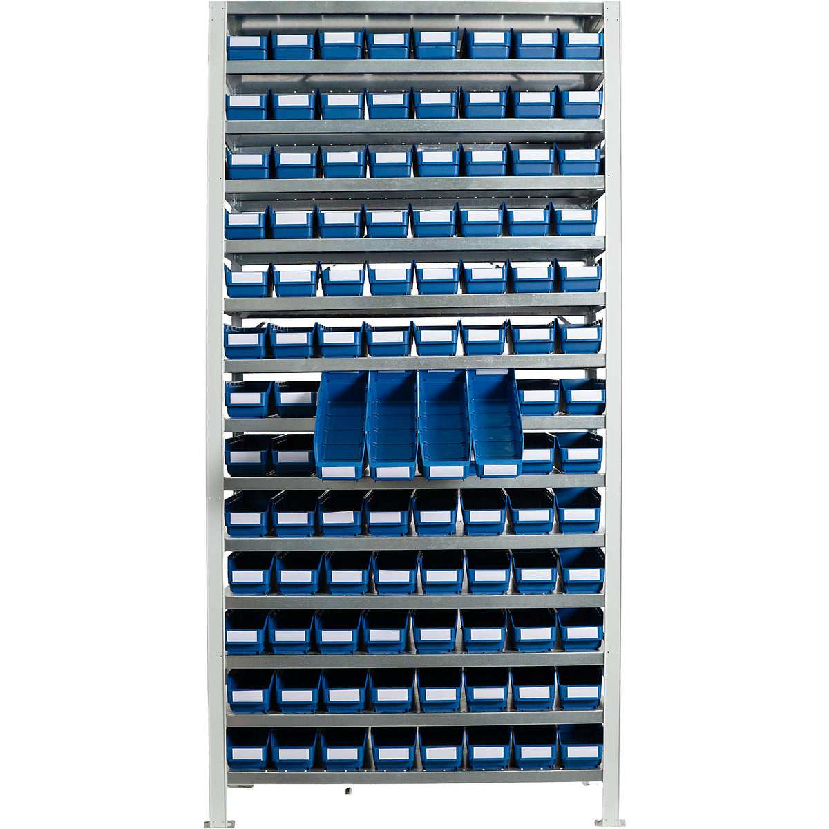 Boltless shelving unit with shelf bins, shelf height 2100 mm, basic shelf unit, depth 300 mm, 104 blue bins.