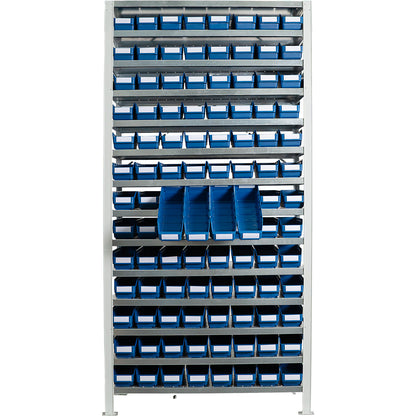 Boltless shelving unit with shelf bins, shelf height 2100 mm, basic shelf unit, depth 300 mm, 104 blue bins.