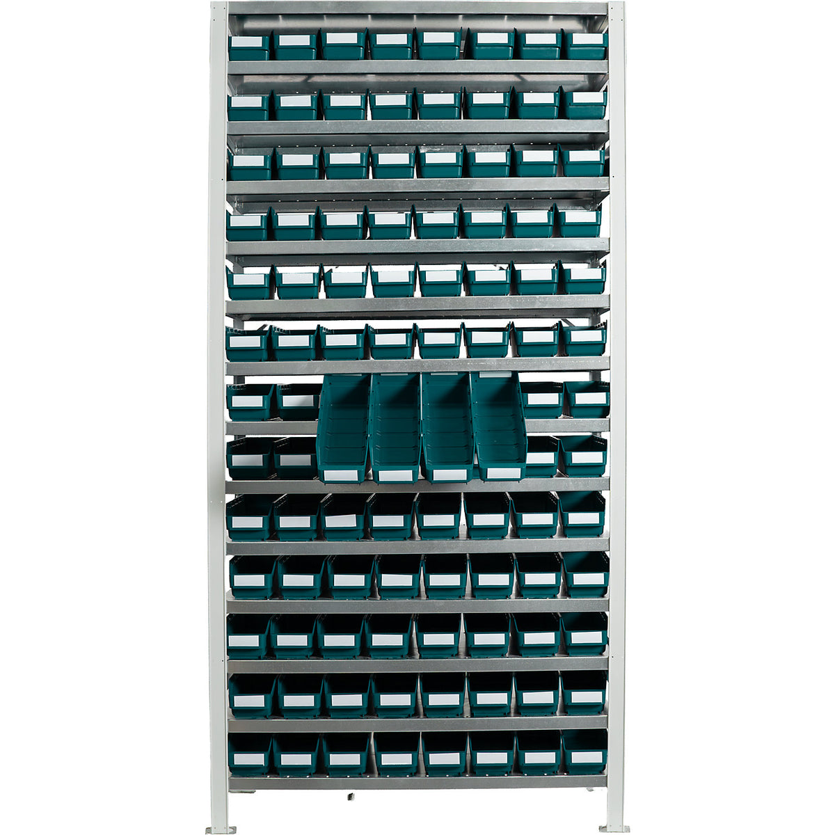 Boltless shelving unit with shelf bins, shelf height 2100 mm, basic shelf unit, depth 300 mm, 104 green bins.