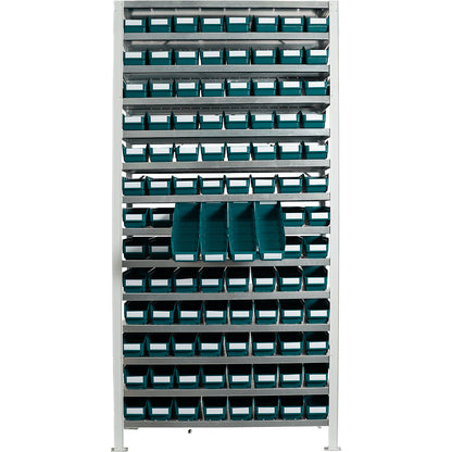 Boltless shelving unit with shelf bins, shelf height 2100 mm, basic shelf unit, depth 300 mm, 104 green bins.