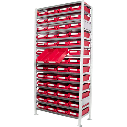 Boltless shelving unit with shelf bins, shelf height 2100 mm, basic shelf unit, depth 300 mm, 52 red bins.