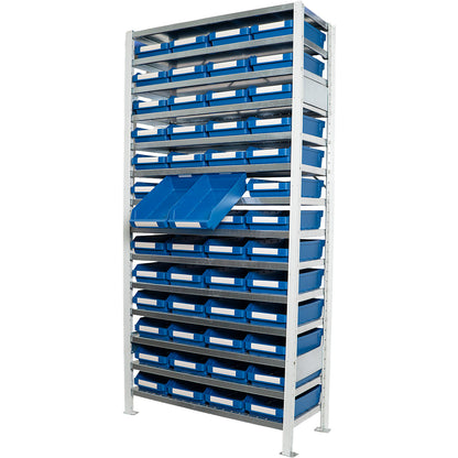 Boltless shelving unit with shelf bins, shelf height 2100 mm, basic shelf unit, depth 300 mm, 52 blue bins.