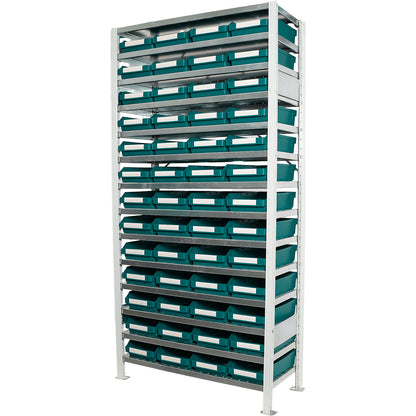 Boltless shelving unit with shelf bins, shelf height 2100 mm, basic shelf unit, depth 300 mm, 52 green bins.