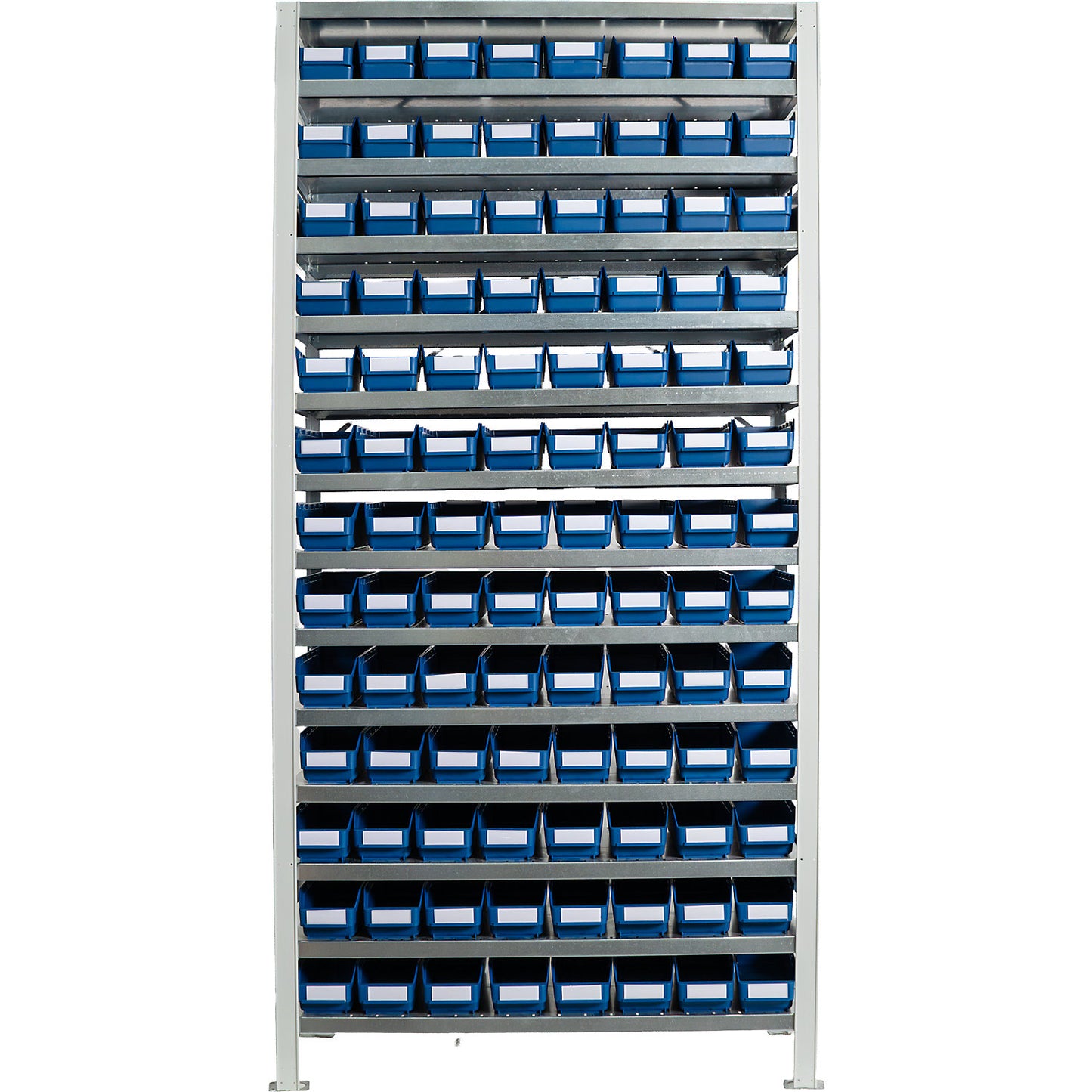 Boltless shelving unit with shelf bins, shelf height 2100 mm, basic shelf unit, depth 400 mm, 104 blue bins.