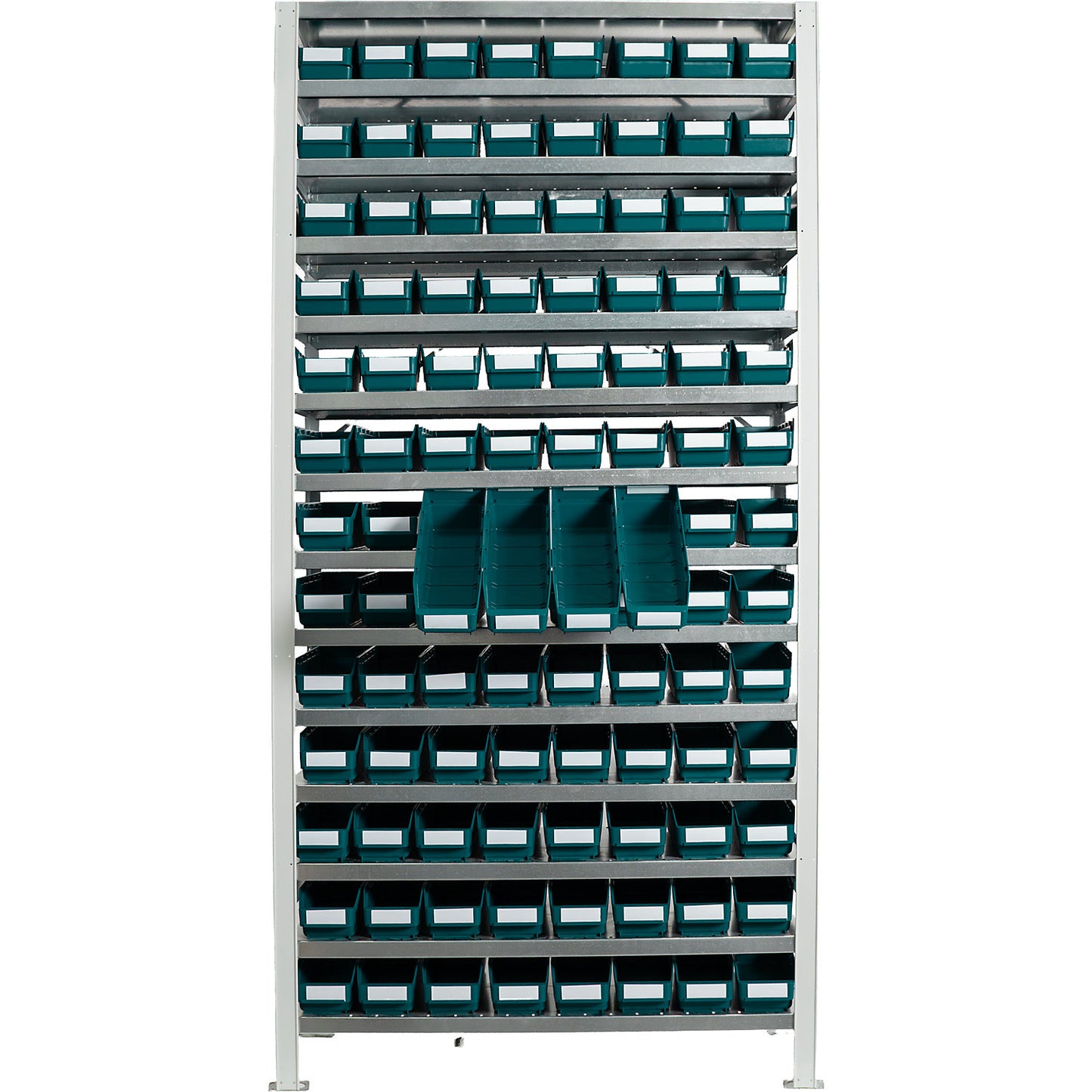 Boltless shelving unit with shelf bins, shelf height 2100 mm, basic shelf unit, depth 400 mm, 104 green bins.
