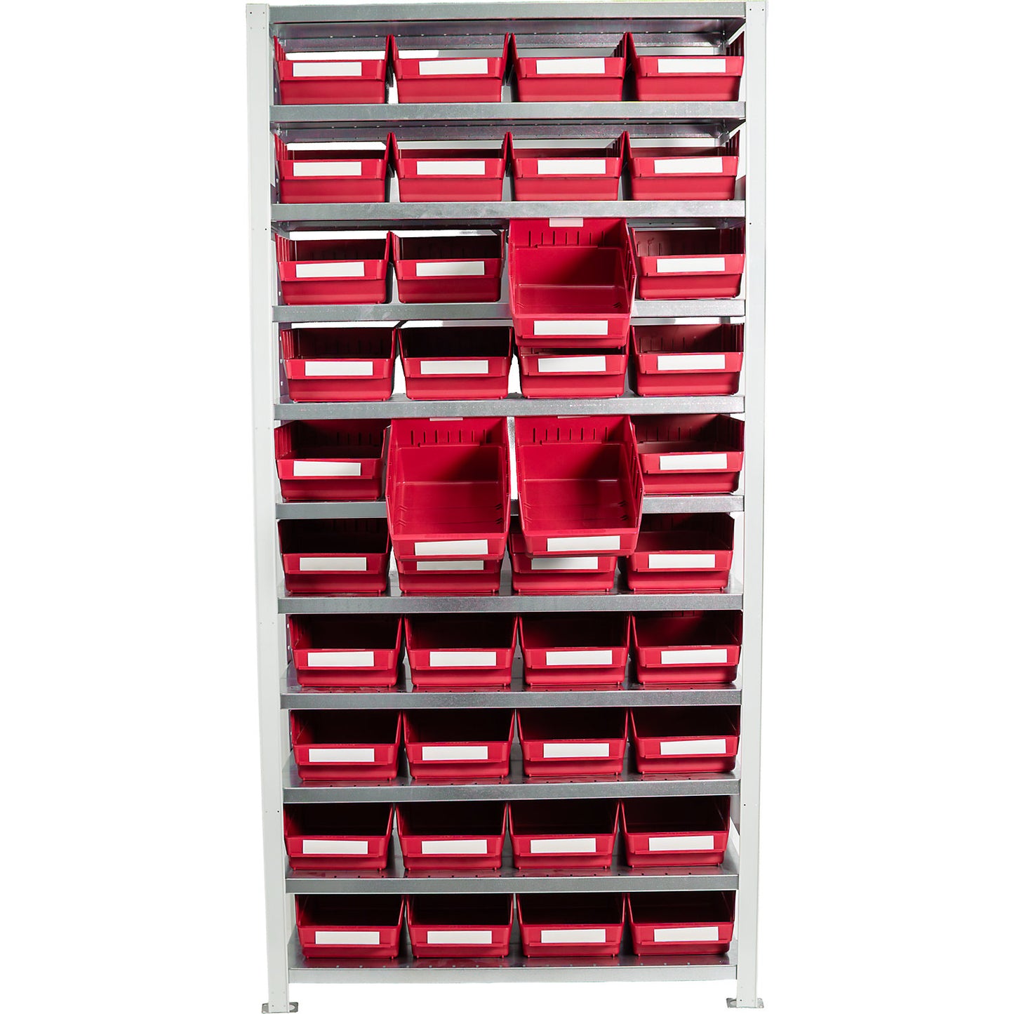 Boltless shelving unit with shelf bins, shelf height 2100 mm, basic shelf unit, depth 400 mm, 40 red bins.