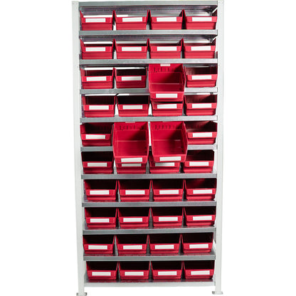 Boltless shelving unit with shelf bins, shelf height 2100 mm, basic shelf unit, depth 400 mm, 40 red bins.