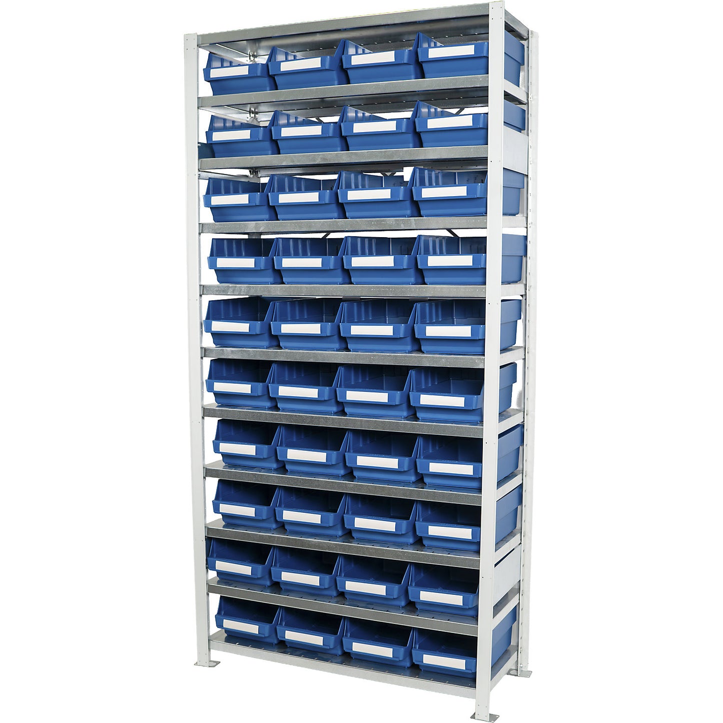 Boltless shelving unit with shelf bins, shelf height 2100 mm, basic shelf unit, depth 400 mm, 40 blue bins.