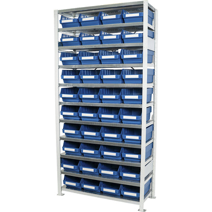 Boltless shelving unit with shelf bins, shelf height 2100 mm, basic shelf unit, depth 400 mm, 40 blue bins.