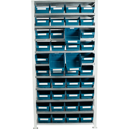Boltless shelving unit with shelf bins, shelf height 2100 mm, basic shelf unit, depth 400 mm, 40 green bins.