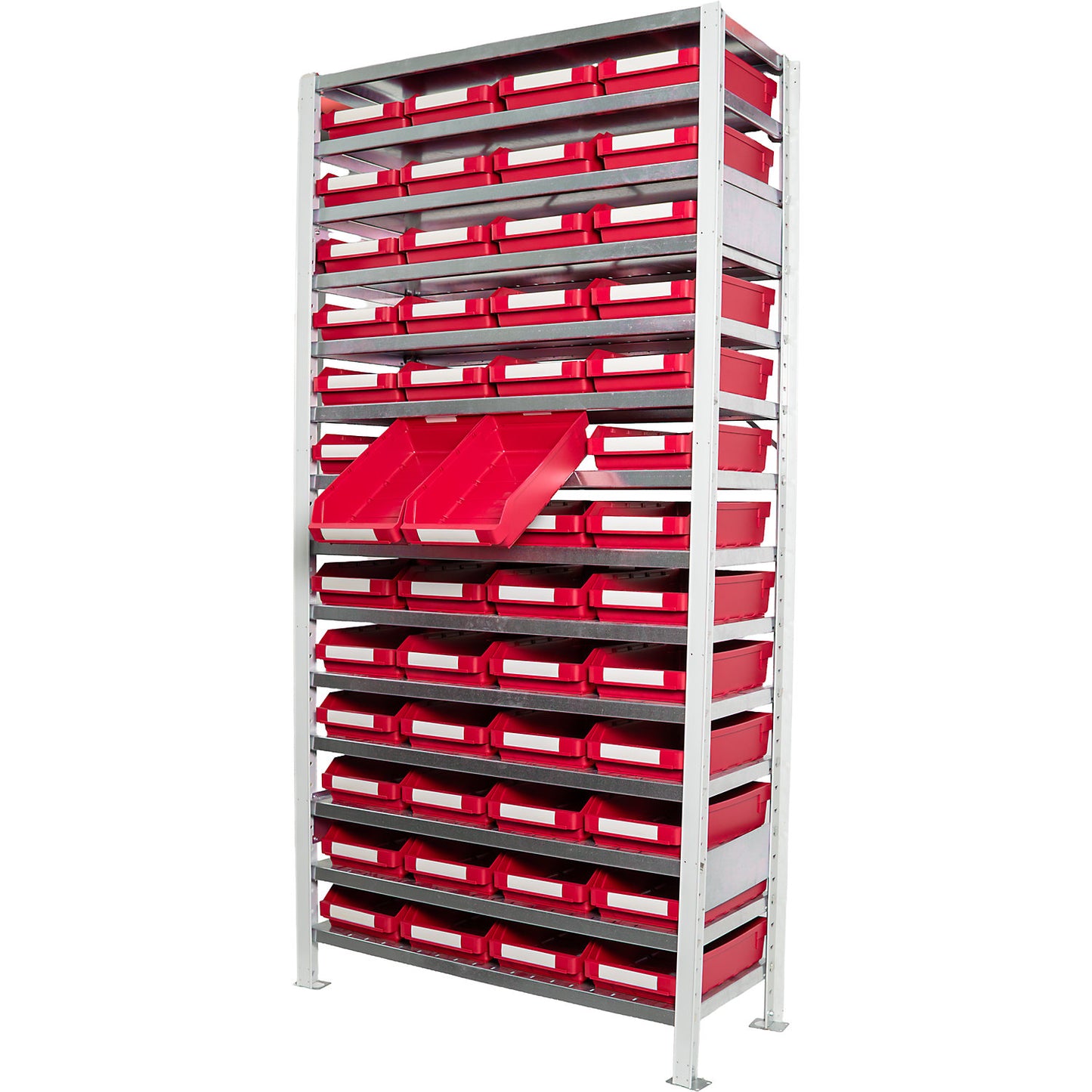Boltless shelving unit with shelf bins, shelf height 2100 mm, basic shelf unit, depth 500 mm, 52 red bins.
