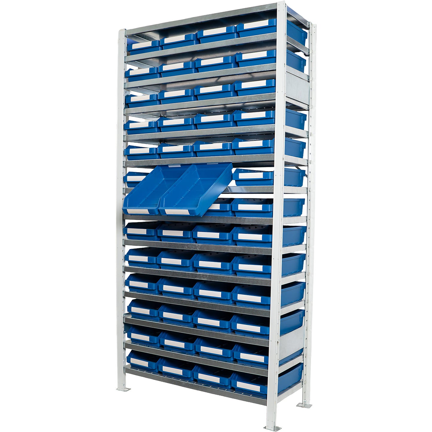 Boltless shelving unit with shelf bins, shelf height 2100 mm, basic shelf unit, depth 500 mm, 52 blue bins.
