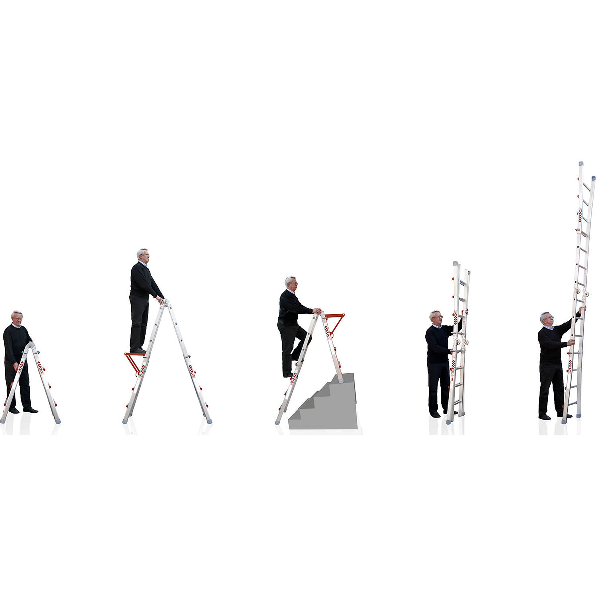 Telescopic folding ladder, stepladder, lean-to ladder and stair ladder in one, 4 x 3 rungs.