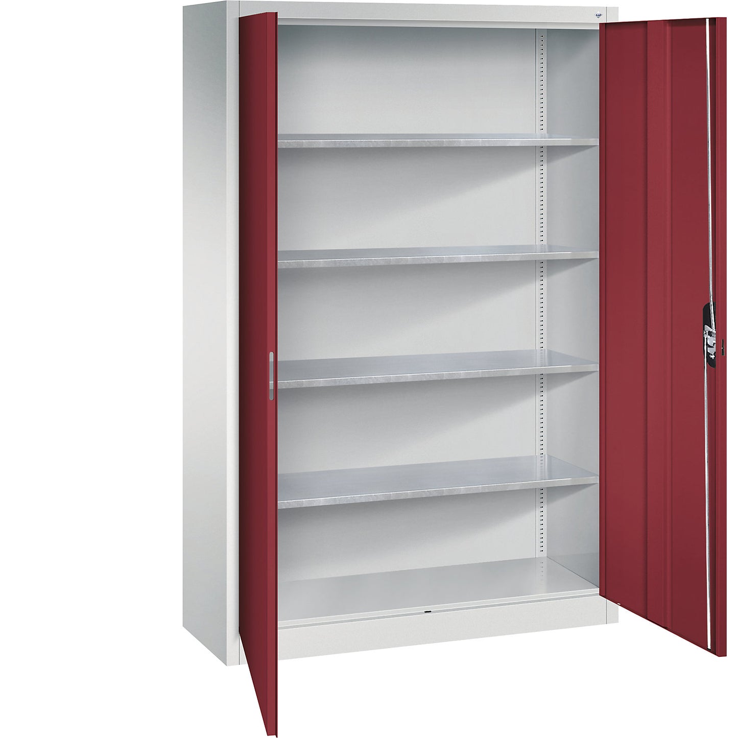 Workshop double door cupboard, HxWxD 1950 x 1200 x 400 mm, light grey / ruby red.