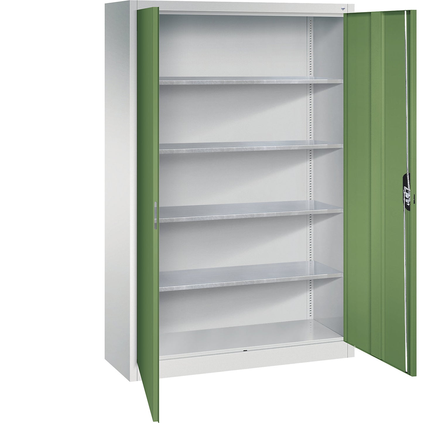 Workshop double door cupboard, HxWxD 1950 x 1200 x 400 mm, light grey / reseda green.
