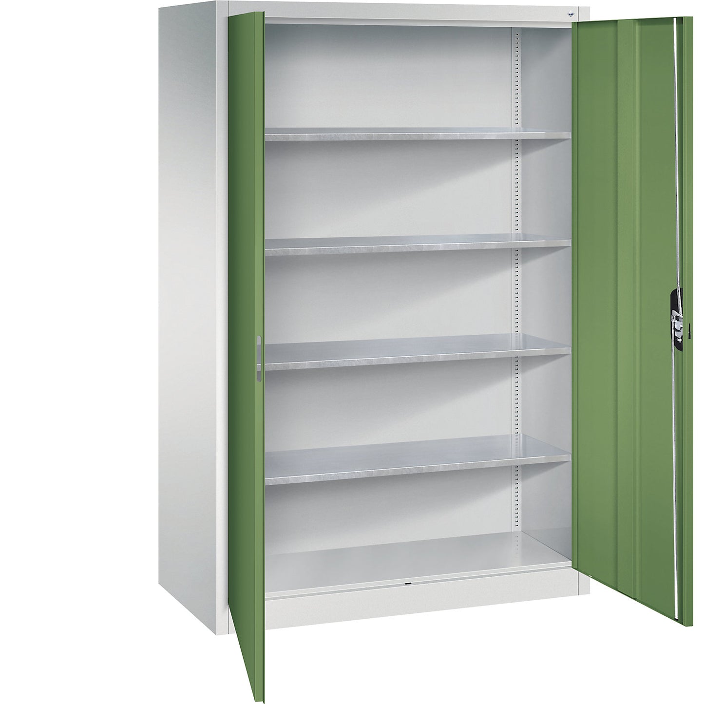 Workshop double door cupboard, HxWxD 1950 x 1200 x 600 mm, light grey / reseda green.
