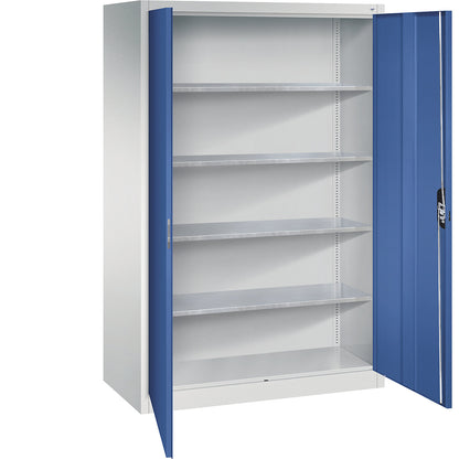 Workshop double door cupboard, HxWxD 1950 x 1200 x 600 mm, light grey / gentian blue.