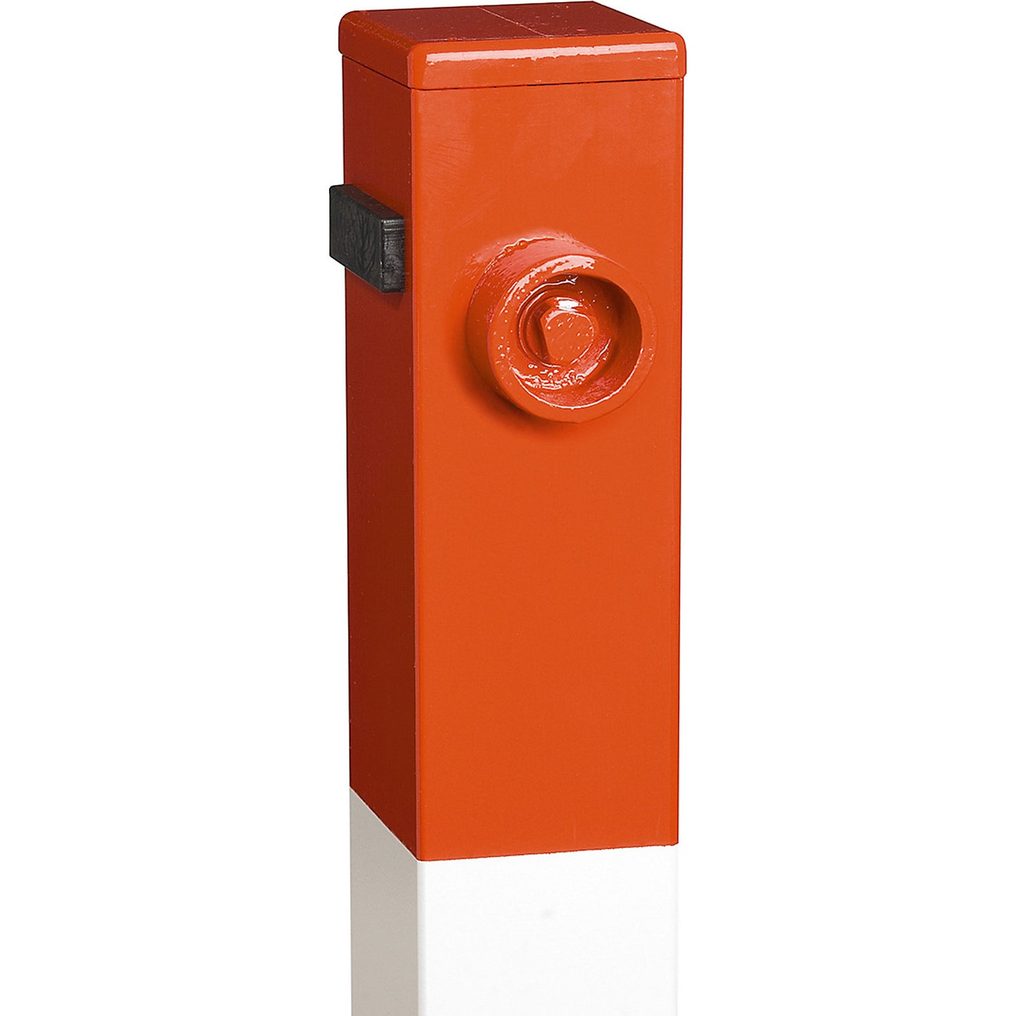 Barrier post made of rectangular profile, for setting in concrete, with triangle lock.