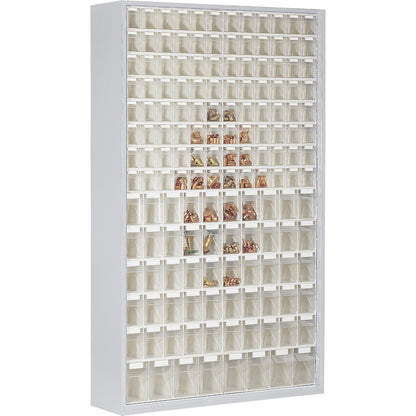 Sheet steel storage cupboard, with 154 transparent pull-out bins, light grey.