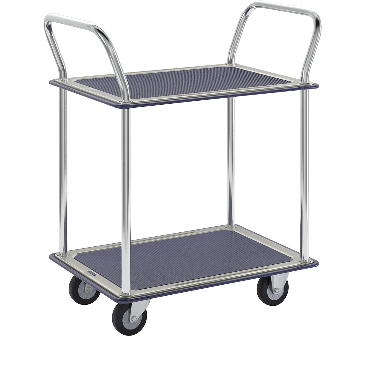 Table trolley chrome plated, 2 shelves with non-slip covering, 2 push handles, max. load 150 kg.
