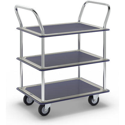 Table trolley chrome plated, 3 shelves with non-slip covering, 2 push handles, max. load 150 kg.