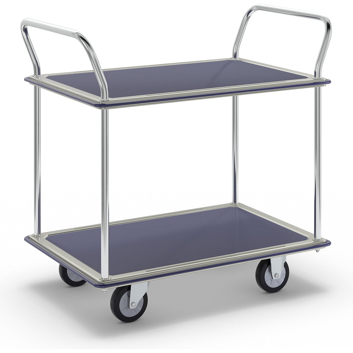 Table trolley chrome plated, 2 shelves with non-slip covering, 2 push handles, max. load 250 kg.