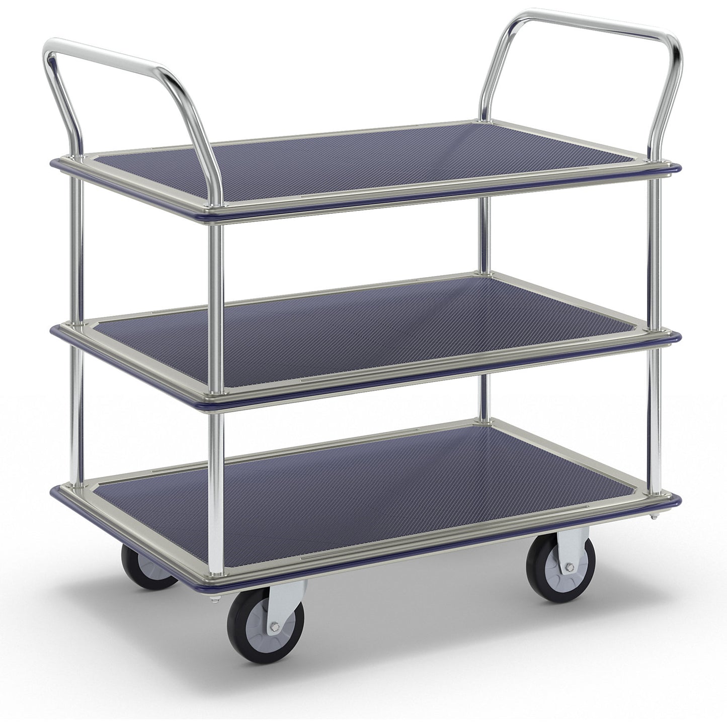 Table trolley chrome plated, 3 shelves with non-slip covering, 2 push handles, max. load 250 kg.