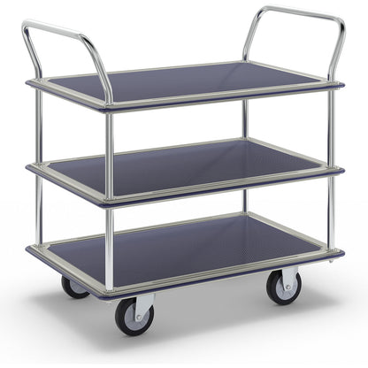 Table trolley chrome plated, 3 shelves with non-slip covering, 2 push handles, max. load 250 kg.