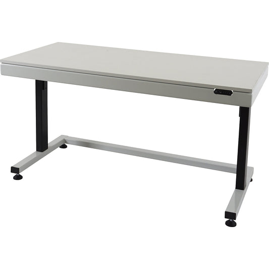 Work table, electric height adjustment, melamine coated tabletop, grey.