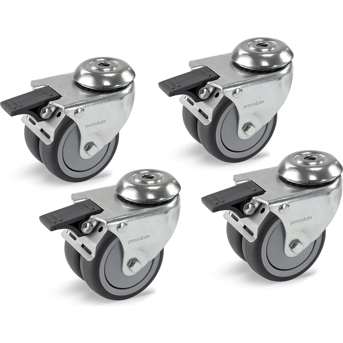 Wheel set for electrically height adjustable work table, with 4 swivel castors with wheel stops, Ø 75 mm.