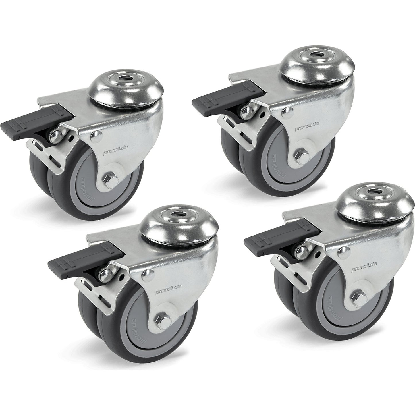 Wheel set for electrically height adjustable work table, with 4 swivel castors with wheel stops, Ø 75 mm.