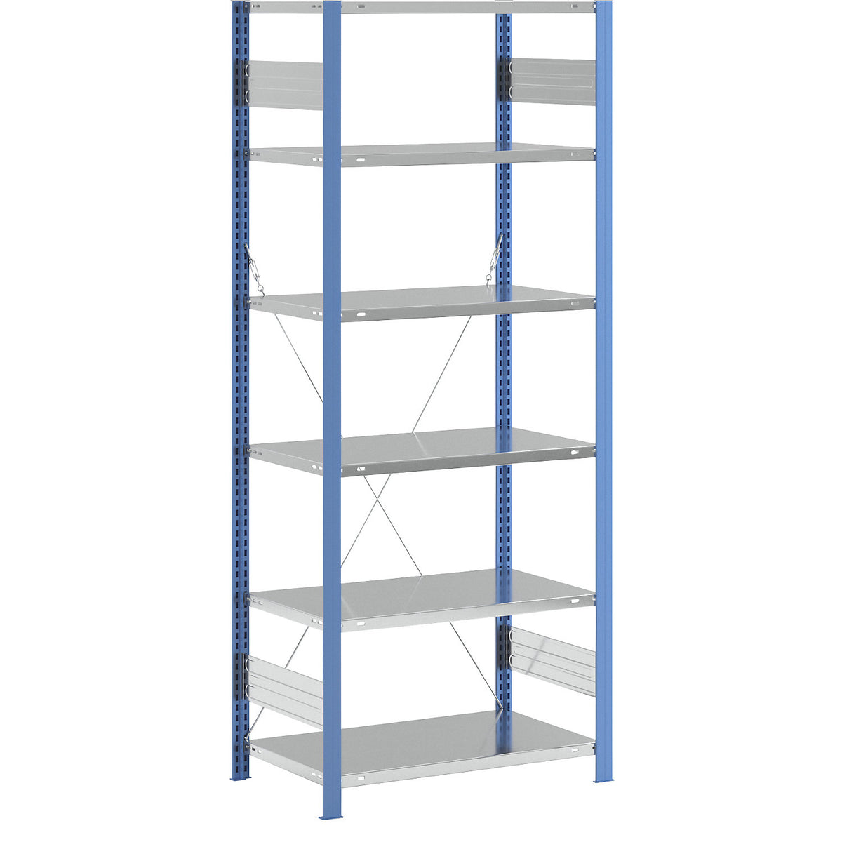Boltless shelving unit, light duty, single-sided, HxWxD 2500 x 1000 x 600 mm, blue/zinc plated, standard shelf unit.