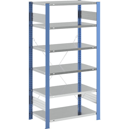 Boltless shelving unit, light duty, single-sided, HxWxD 2500 x 1300 x 600 mm, blue/zinc plated, standard shelf unit.