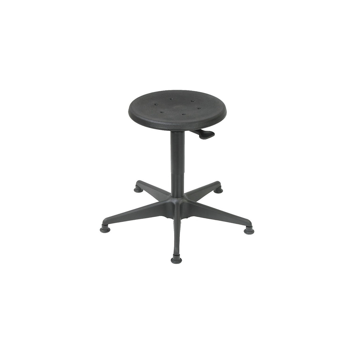 Industrial stool with gas lift height adjustment, tubular steel five-star base with floor glides, polyurethane foam seat in black.