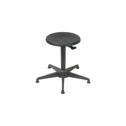 Industrial stool with gas lift height adjustment, tubular steel five-star base with floor glides, polyurethane foam seat in black.